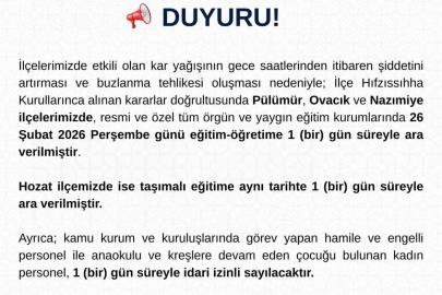 Tunceli’nin 3 ilçesinde eğitime 1 gün ara verildi