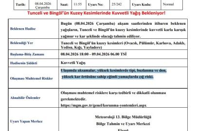 Meteoroloji’den Tunceli ve Bingöl için kuvvetli yağış uyarısı
