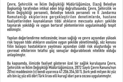 Elazığ’da özel bir hastaneye 47 milyon lira ceza kesildi