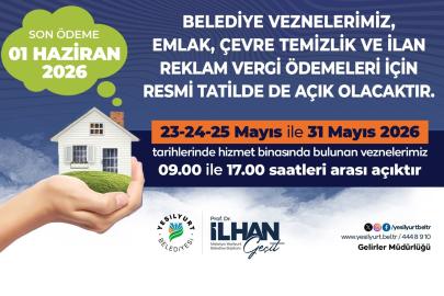 Yeşilyurt Belediyesi vezneleri vergi ödemeleri için tatilde açık olacak